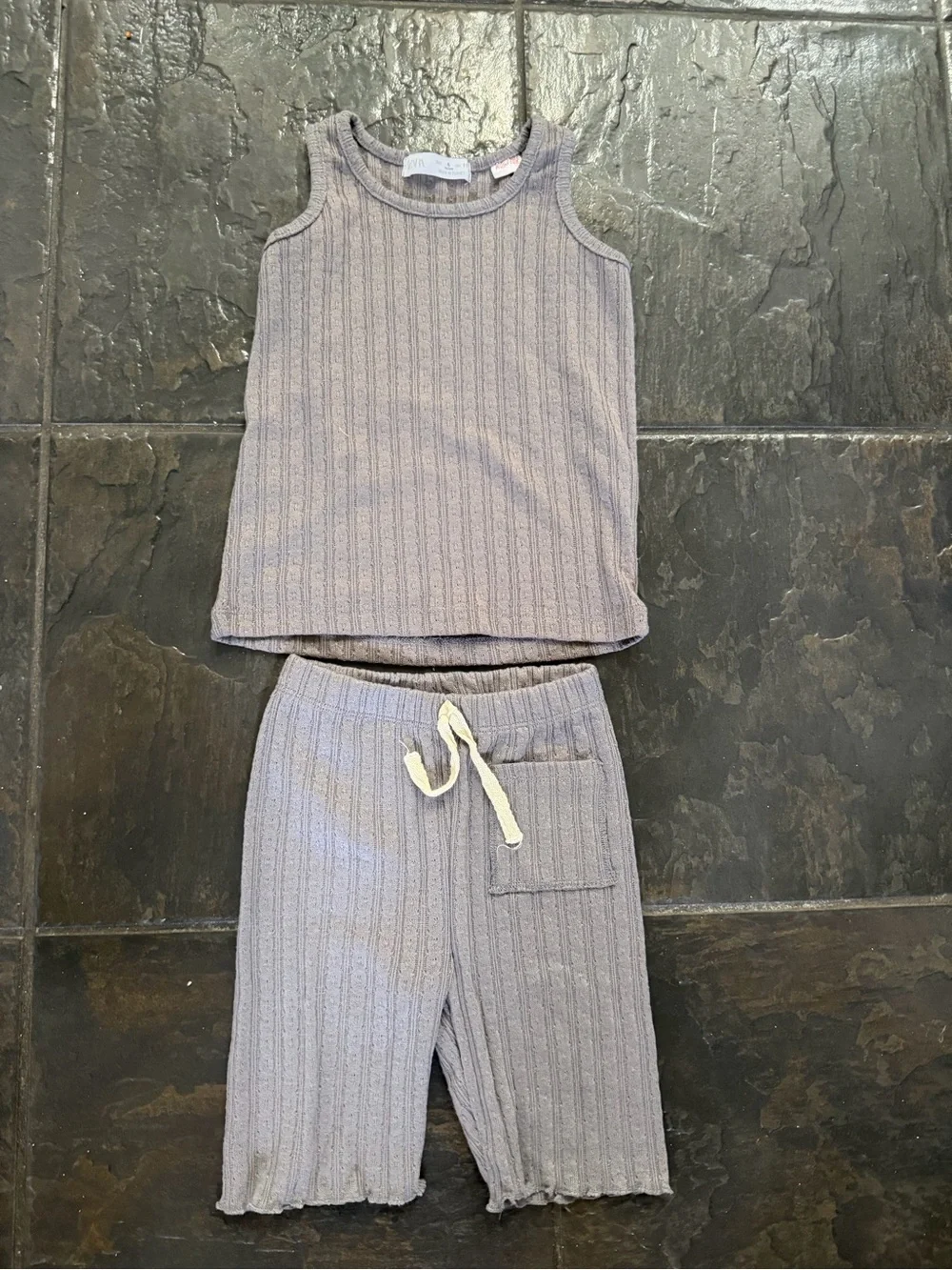 Zara Girls Ribbed Knit Tank & Biker Shorts Matching Set Size 6 Neutral Lounge